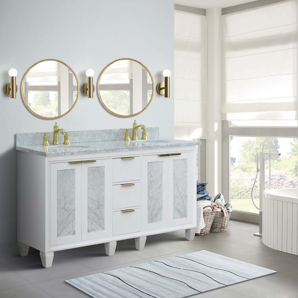 61" Double sink vanity in White finish with White Carrara marble and oval sink - 400990-61D-WH-WMO