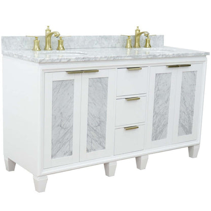 61" Double sink vanity in White finish with White Carrara marble and oval sink - 400990-61D-WH-WMO