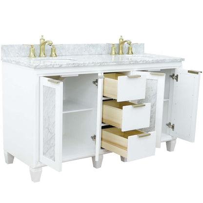 61" Double sink vanity in White finish with White Carrara marble and oval sink - 400990-61D-WH-WMO