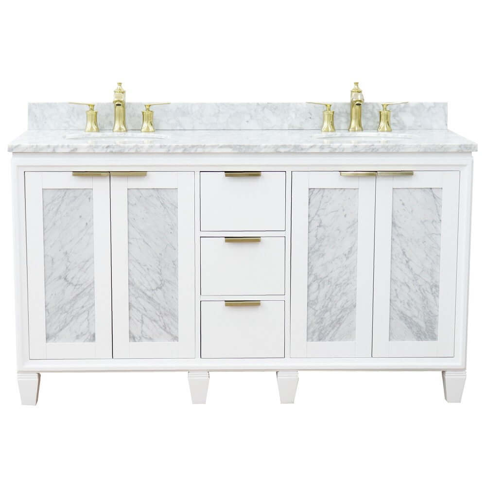 61" Double sink vanity in White finish with White Carrara marble and oval sink - 400990-61D-WH-WMO