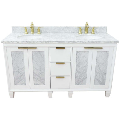 61" Double sink vanity in White finish with White Carrara marble and oval sink - 400990-61D-WH-WMO