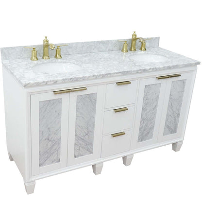 61" Double sink vanity in White finish with White Carrara marble and oval sink - 400990-61D-WH-WMO