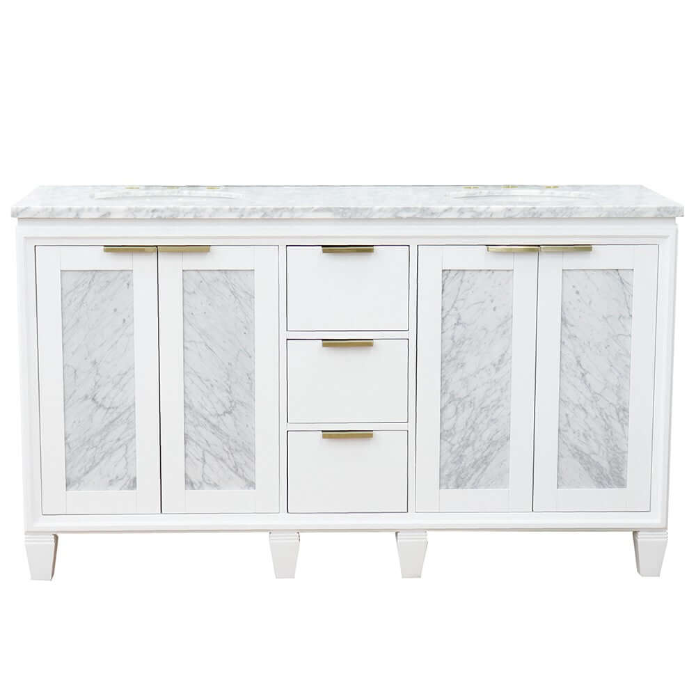 61" Double sink vanity in White finish with White Carrara marble and oval sink - 400990-61D-WH-WMO