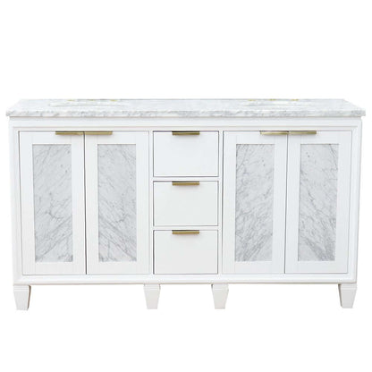 61" Double sink vanity in White finish with White Carrara marble and oval sink - 400990-61D-WH-WMO