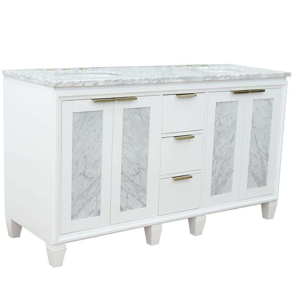 61" Double sink vanity in White finish with White Carrara marble and oval sink - 400990-61D-WH-WMO