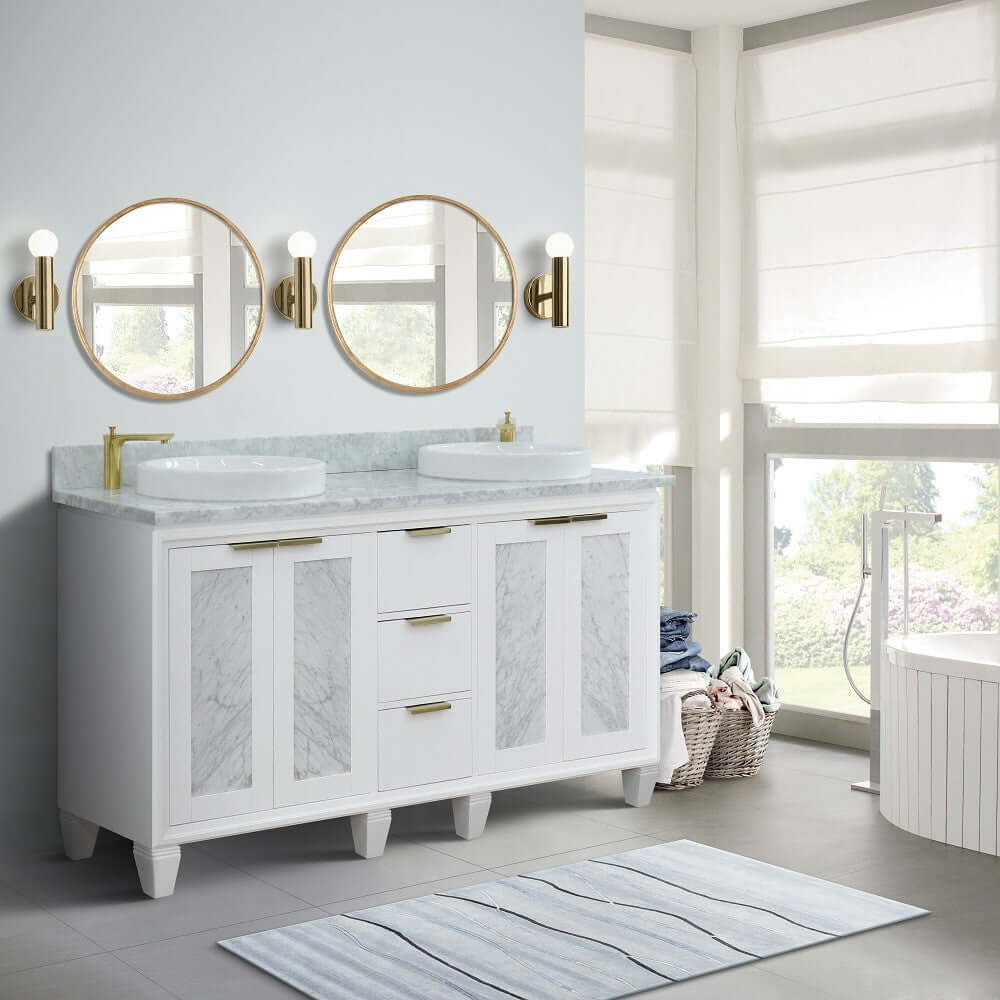 61" Double sink vanity in White finish with White Carrara marble and round sink - 400990-61D-WH-WMRD