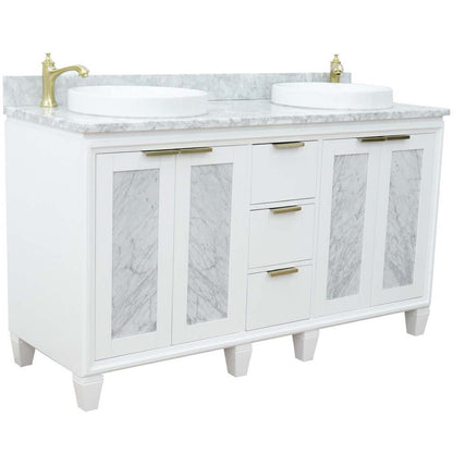 61" Double sink vanity in White finish with White Carrara marble and round sink - 400990-61D-WH-WMRD