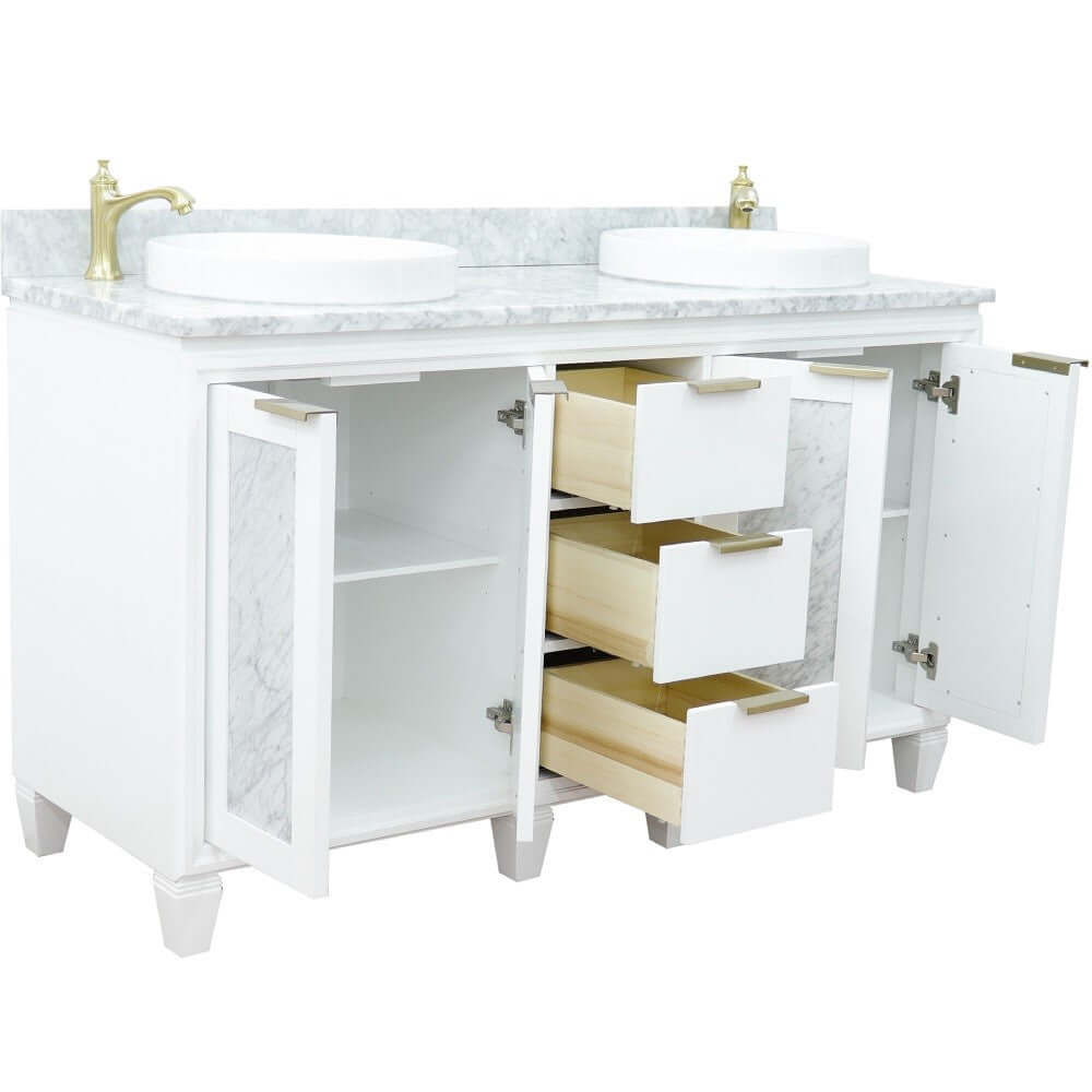 61" Double sink vanity in White finish with White Carrara marble and round sink - 400990-61D-WH-WMRD