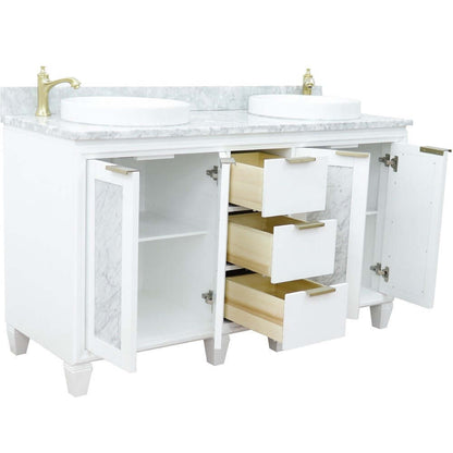 61" Double sink vanity in White finish with White Carrara marble and round sink - 400990-61D-WH-WMRD