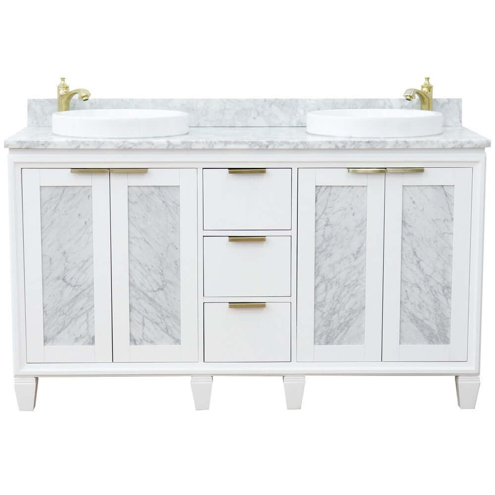 61" Double sink vanity in White finish with White Carrara marble and round sink - 400990-61D-WH-WMRD