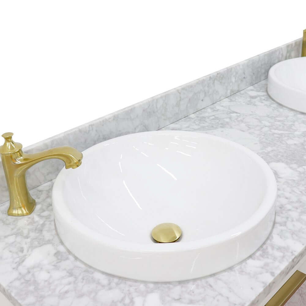 61" Double sink vanity in White finish with White Carrara marble and round sink - 400990-61D-WH-WMRD