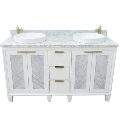 61" Double sink vanity in White finish with White Carrara marble and round sink - 400990-61D-WH-WMRD