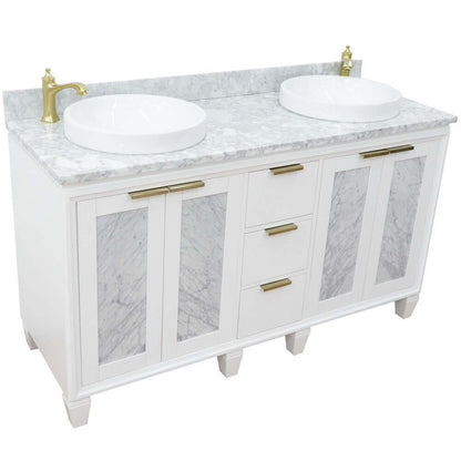 61" Double sink vanity in White finish with White Carrara marble and round sink - 400990-61D-WH-WMRD