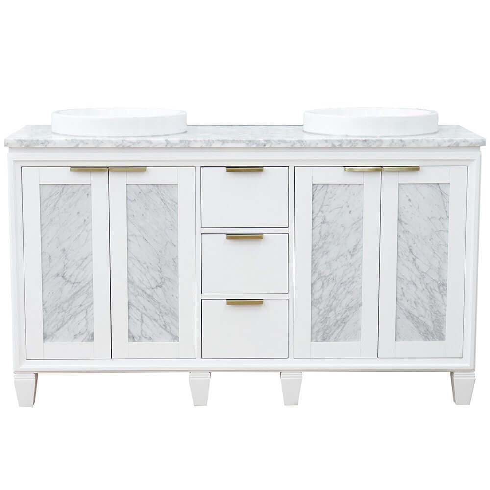 61" Double sink vanity in White finish with White Carrara marble and round sink - 400990-61D-WH-WMRD