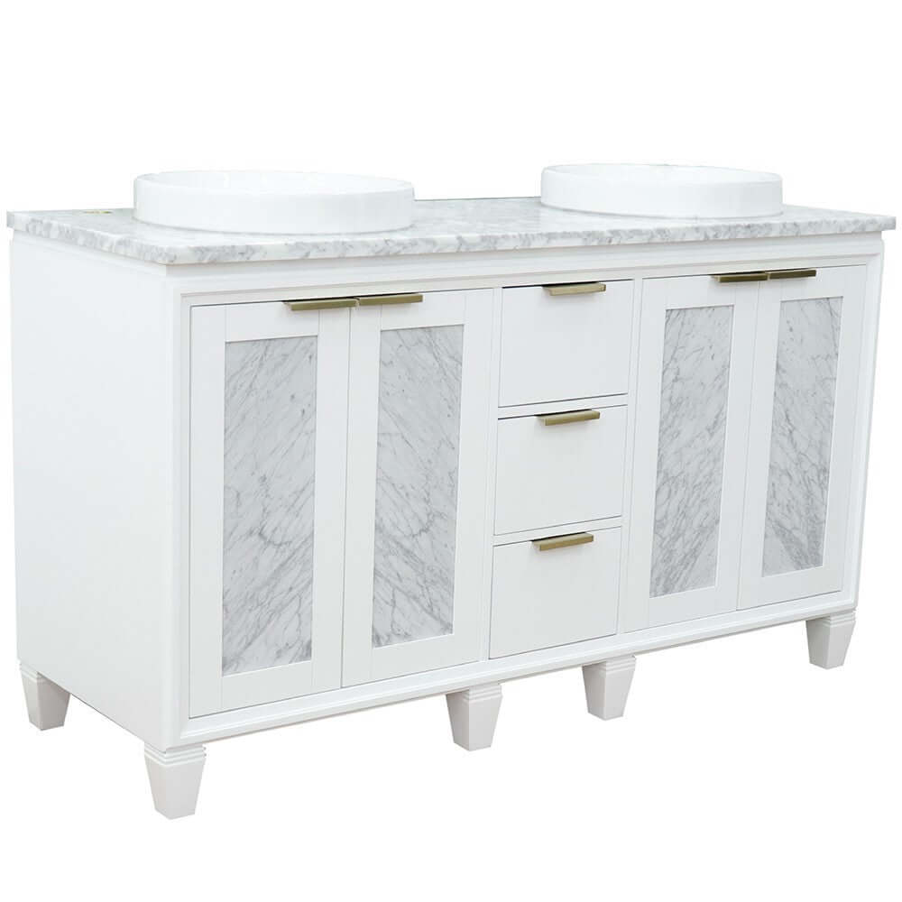 61" Double sink vanity in White finish with White Carrara marble and round sink - 400990-61D-WH-WMRD