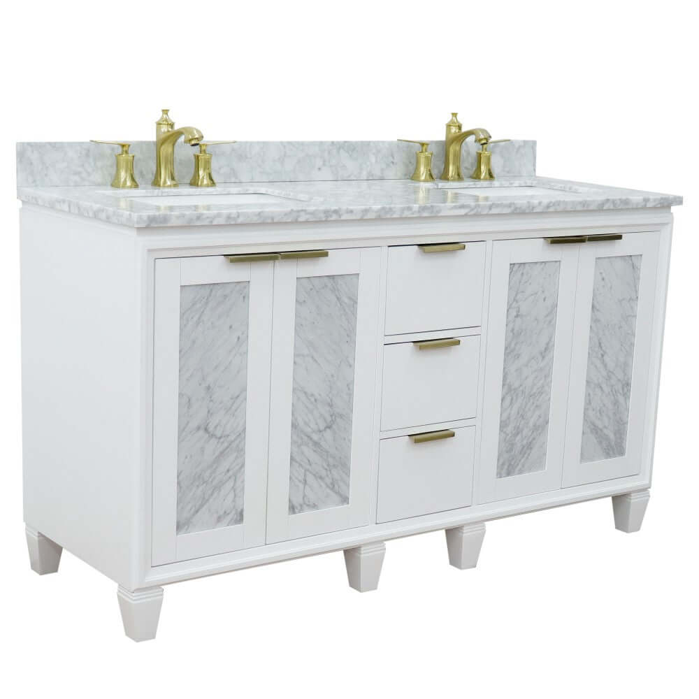 61" Double sink vanity in White finish with White Carrara marble and rectangle sink - 400990-61D-WH-WMR