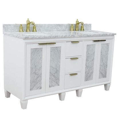 61" Double sink vanity in White finish with White Carrara marble and rectangle sink - 400990-61D-WH-WMR