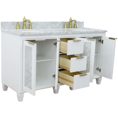 61" Double sink vanity in White finish with White Carrara marble and rectangle sink - 400990-61D-WH-WMR