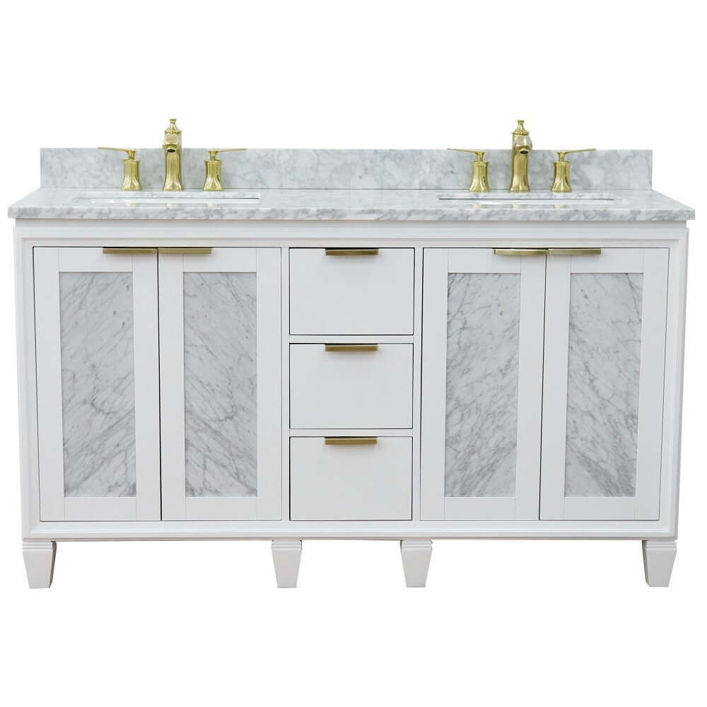 61" Double sink vanity in White finish with White Carrara marble and rectangle sink - 400990-61D-WH-WMR