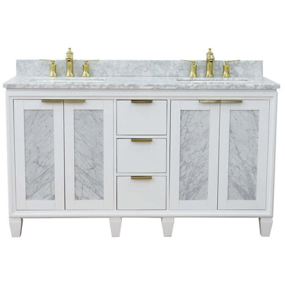 61" Double sink vanity in White finish with White Carrara marble and rectangle sink - 400990-61D-WH-WMR