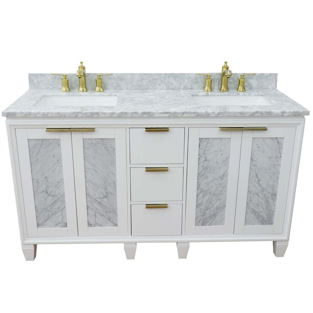 61" Double sink vanity in White finish with White Carrara marble and rectangle sink - 400990-61D-WH-WMR