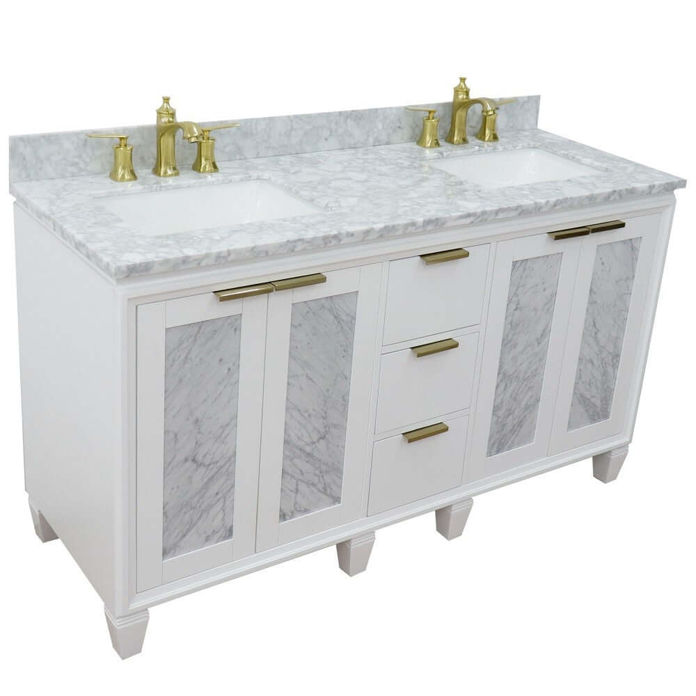 61" Double sink vanity in White finish with White Carrara marble and rectangle sink - 400990-61D-WH-WMR