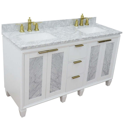 61" Double sink vanity in White finish with White Carrara marble and rectangle sink - 400990-61D-WH-WMR