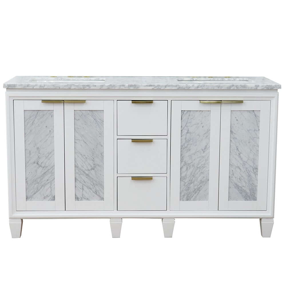 61" Double sink vanity in White finish with White Carrara marble and rectangle sink - 400990-61D-WH-WMR