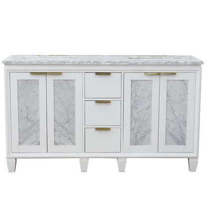 61" Double sink vanity in White finish with White Carrara marble and rectangle sink - 400990-61D-WH-WMR