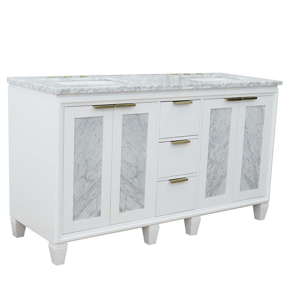 61" Double sink vanity in White finish with White Carrara marble and rectangle sink - 400990-61D-WH-WMR