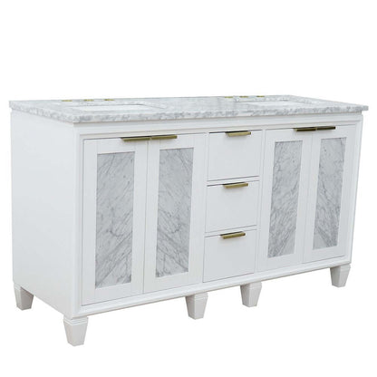 61" Double sink vanity in White finish with White Carrara marble and rectangle sink - 400990-61D-WH-WMR