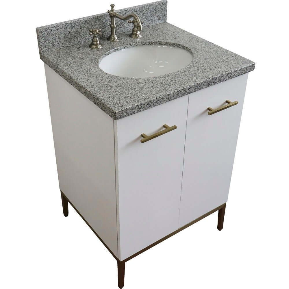 25" Single sink vanity in White finish with Gray granite and oval sink - 408001-25-WH-GYO