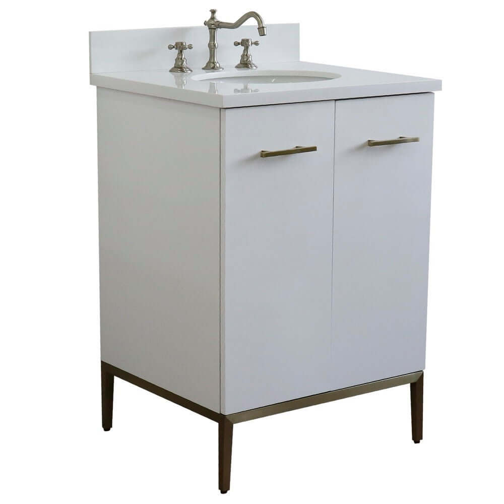 25" Single sink vanity in White finish with White quartz and oval sink - 408001-25-WH-WEO