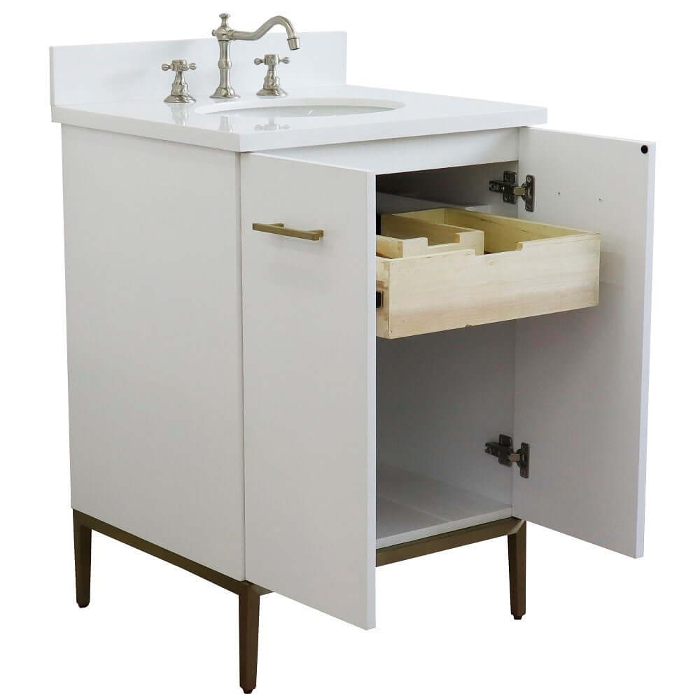 25" Single sink vanity in White finish with White quartz and oval sink - 408001-25-WH-WEO