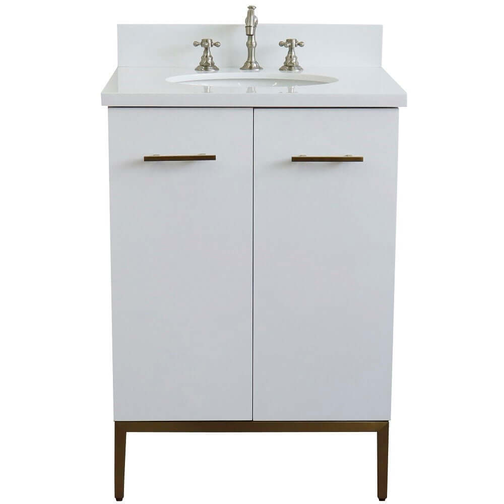 25" Single sink vanity in White finish with White quartz and oval sink - 408001-25-WH-WEO