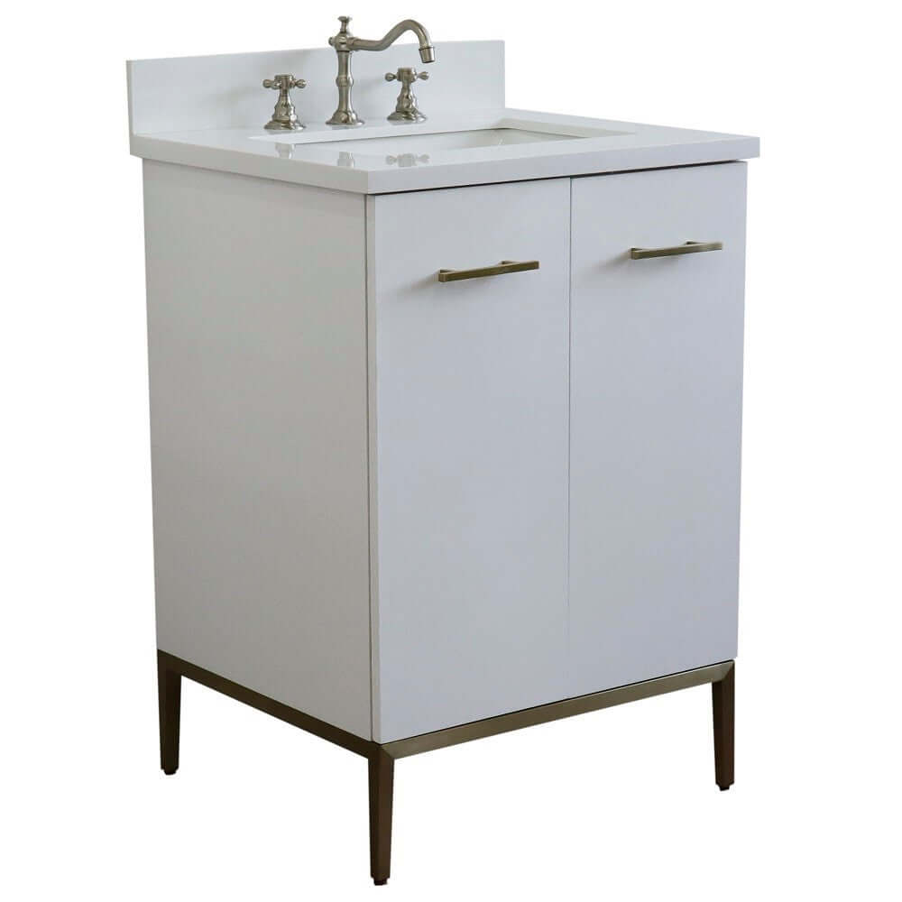 25" Single sink vanity in White finish with White quartz and rectangle sink - 408001-25-WH-WER