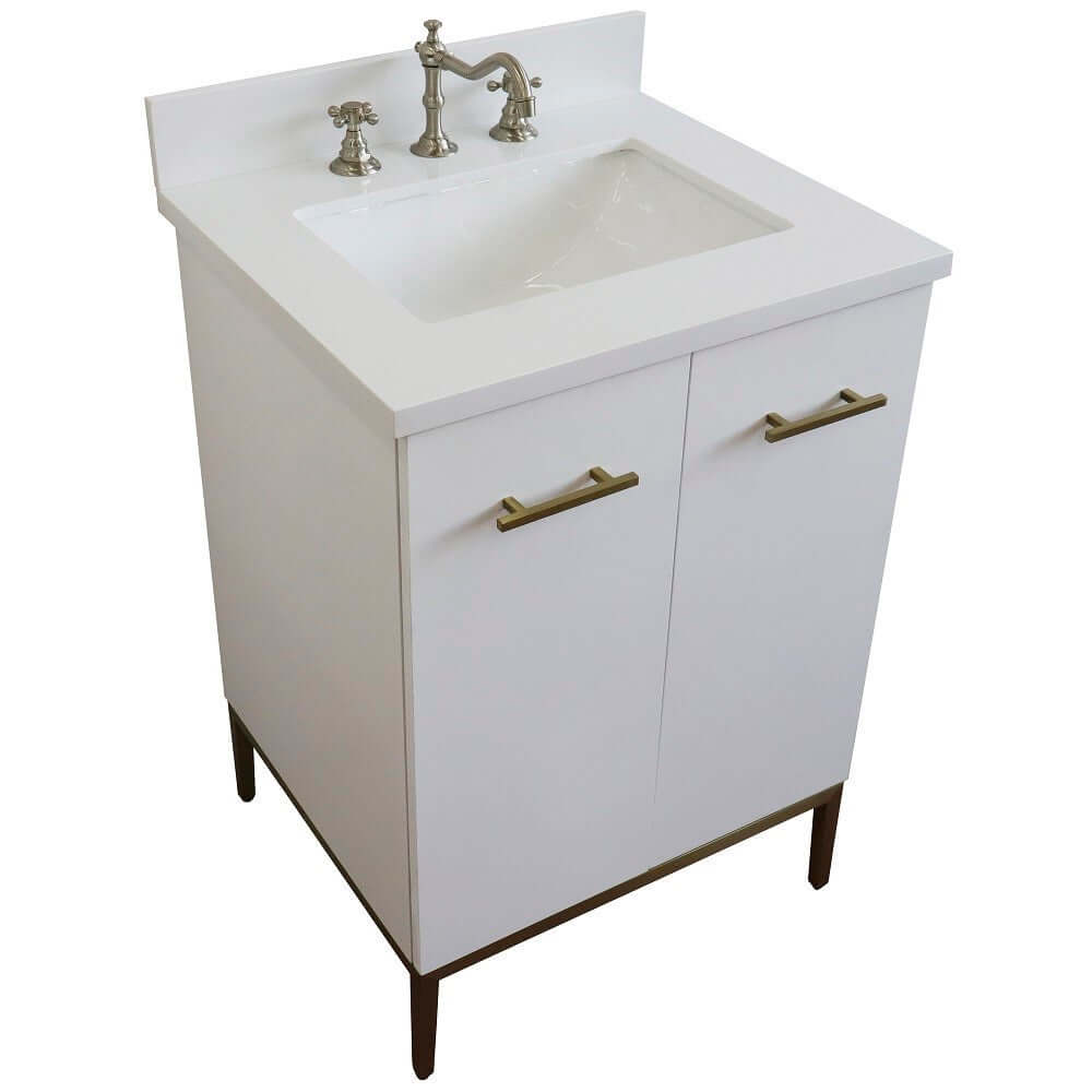 25" Single sink vanity in White finish with White quartz and rectangle sink - 408001-25-WH-WER