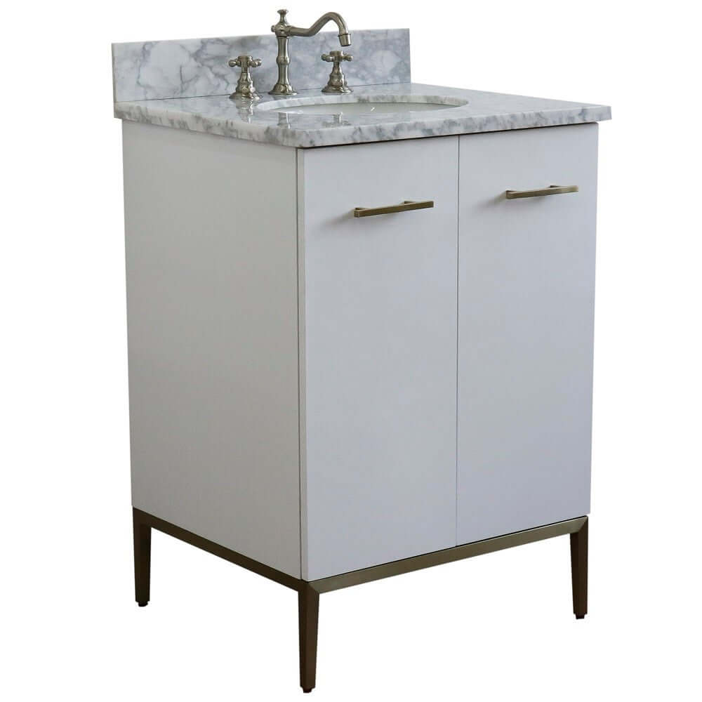 25" Single sink vanity in White finish with White Carrara marble and oval sink - 408001-25-WH-WMO