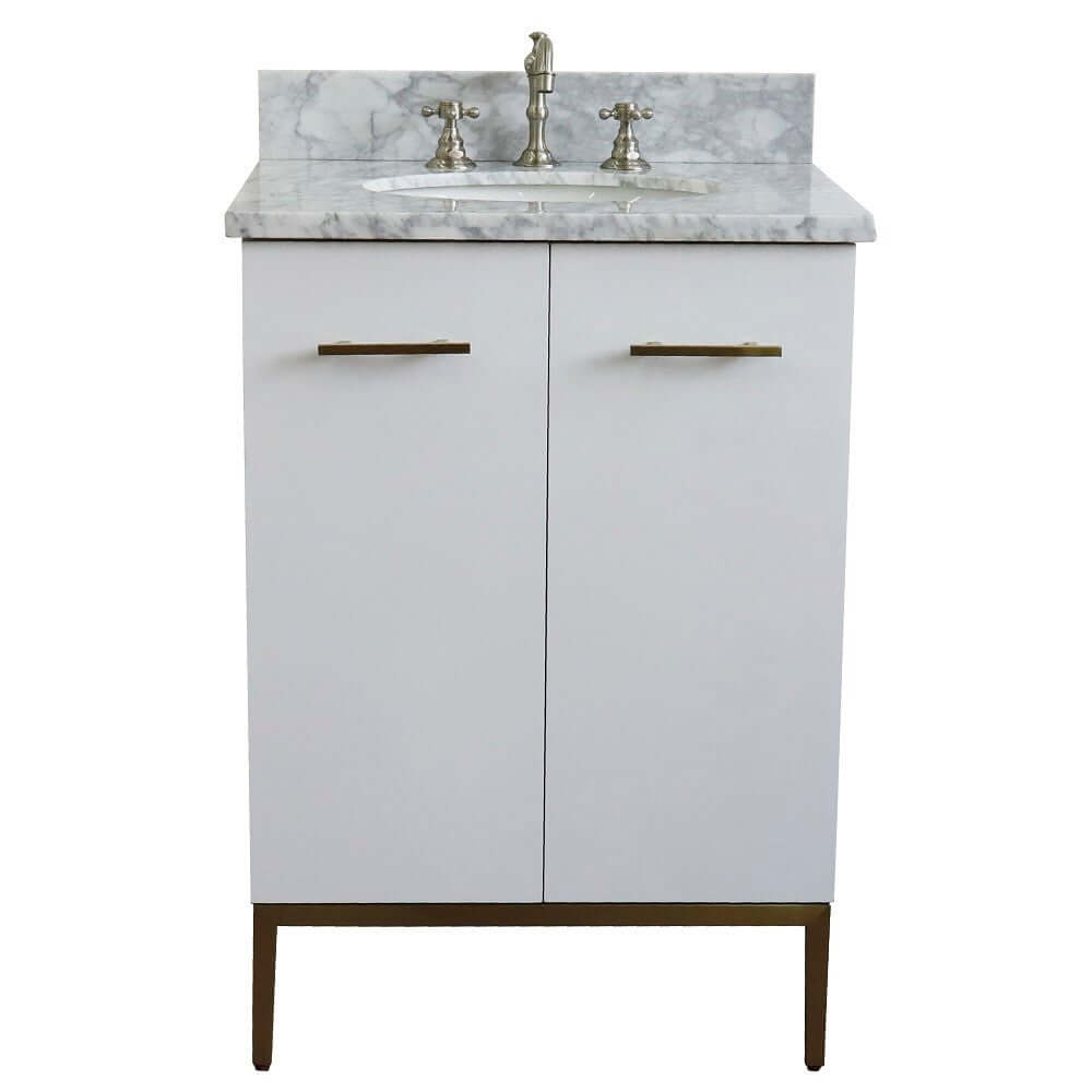 25" Single sink vanity in White finish with White Carrara marble and oval sink - 408001-25-WH-WMO