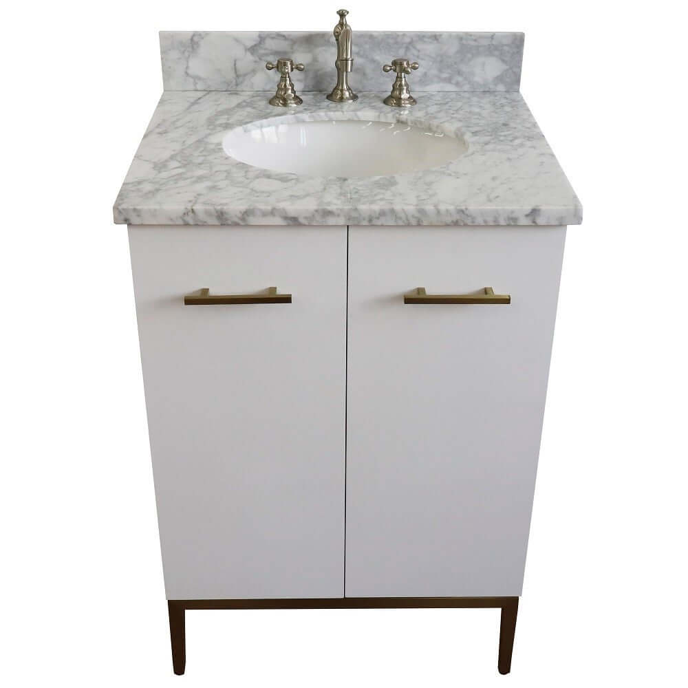 25" Single sink vanity in White finish with White Carrara marble and oval sink - 408001-25-WH-WMO