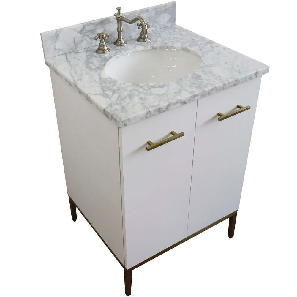 25" Single sink vanity in White finish with White Carrara marble and oval sink - 408001-25-WH-WMO