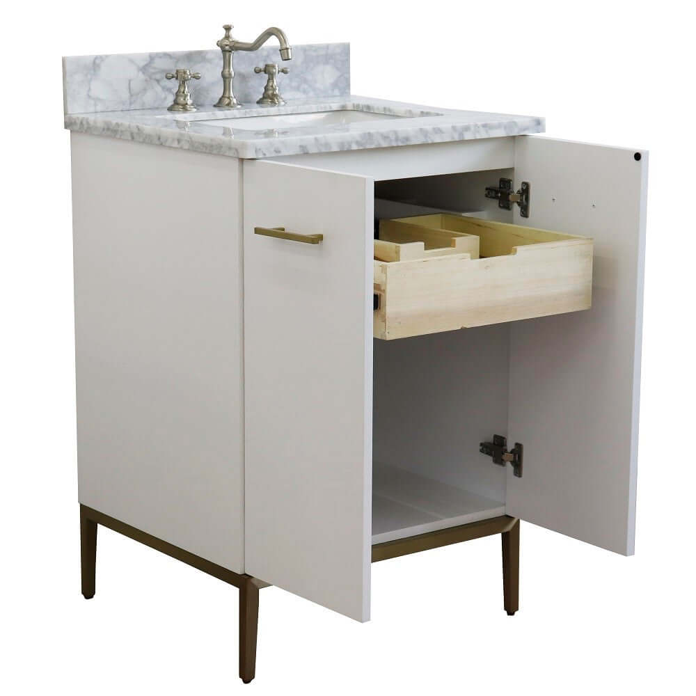 25" Single sink vanity in White finish with White Carrara marble and rectangle sink - 408001-25-WH-WMR