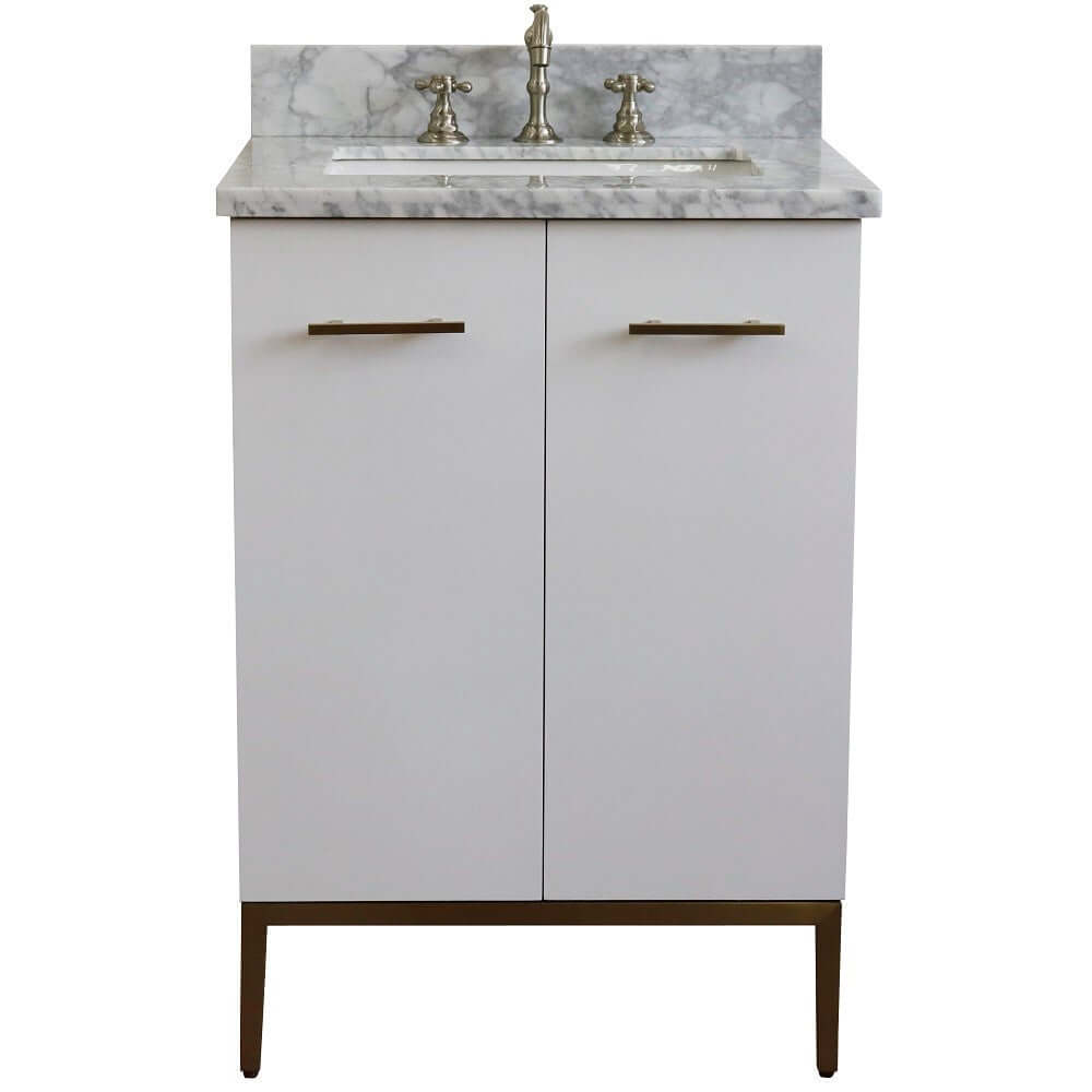 25" Single sink vanity in White finish with White Carrara marble and rectangle sink - 408001-25-WH-WMR