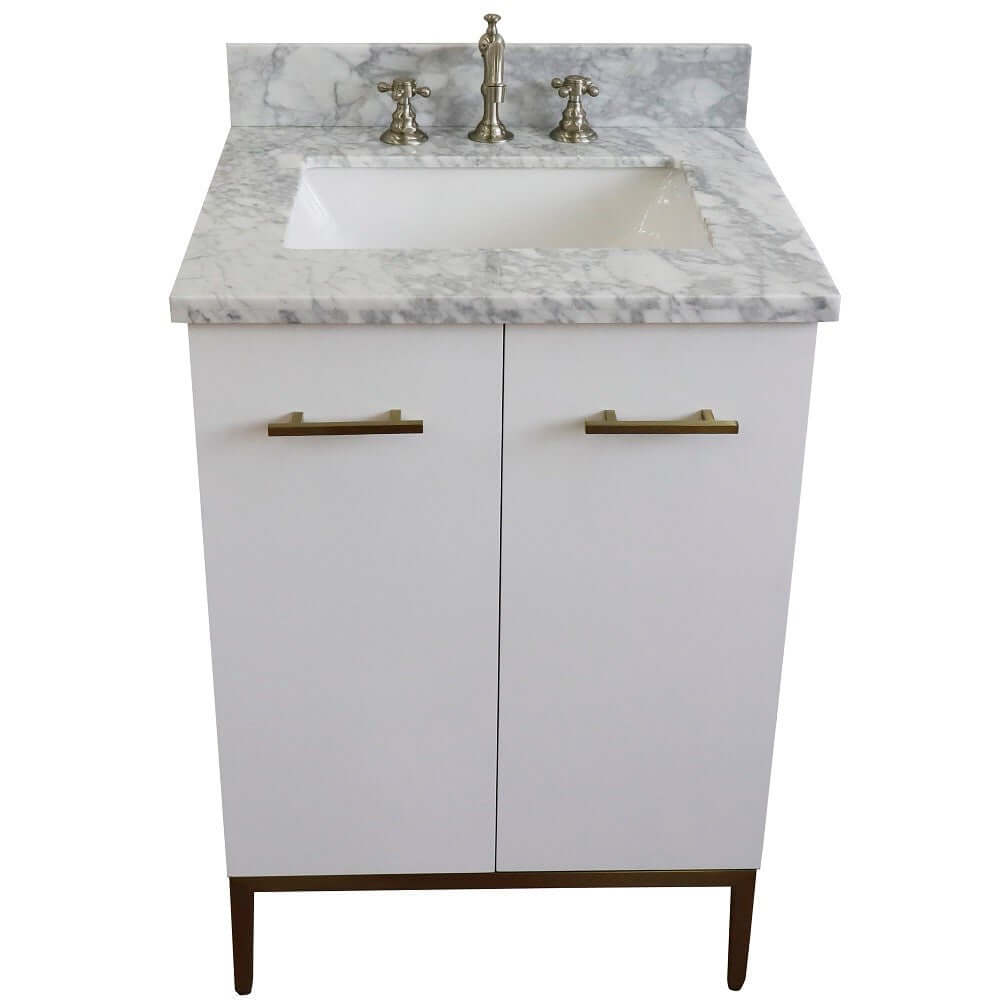 25" Single sink vanity in White finish with White Carrara marble and rectangle sink - 408001-25-WH-WMR