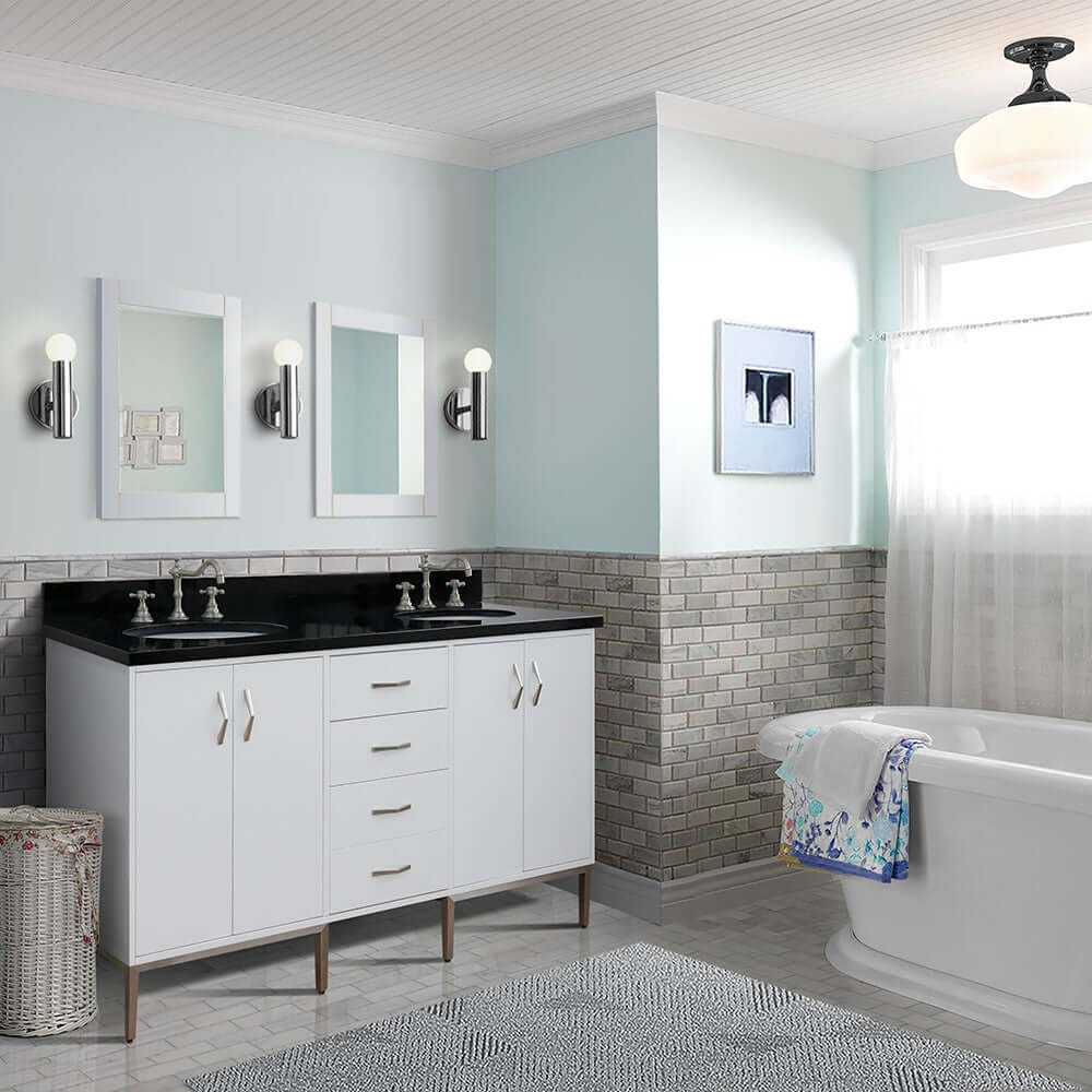 61" Double sink vanity in White finish with Black galaxy granite and oval sink - 408001-61D-WH-BGO