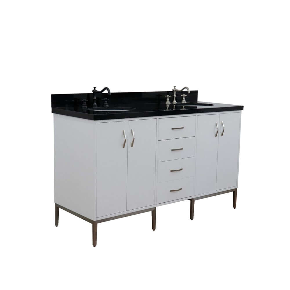 61" Double sink vanity in White finish with Black galaxy granite and oval sink - 408001-61D-WH-BGO