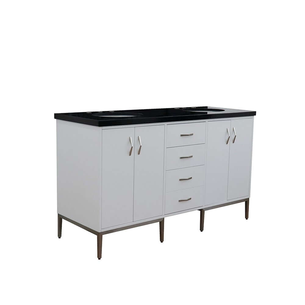 61" Double sink vanity in White finish with Black galaxy granite and oval sink - 408001-61D-WH-BGO