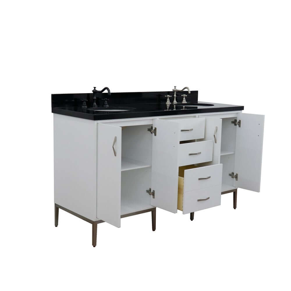 61" Double sink vanity in White finish with Black galaxy granite and oval sink - 408001-61D-WH-BGO