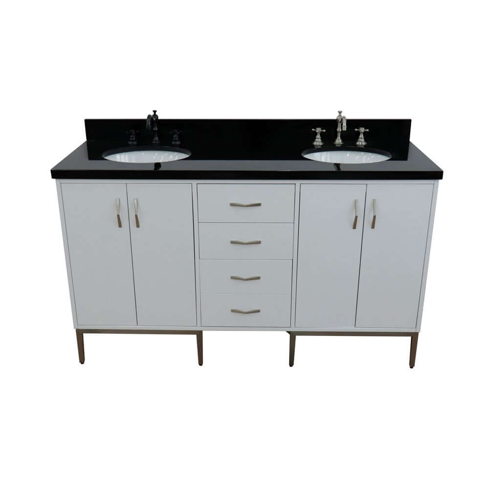 61" Double sink vanity in White finish with Black galaxy granite and oval sink - 408001-61D-WH-BGO