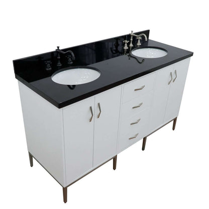 61" Double sink vanity in White finish with Black galaxy granite and oval sink - 408001-61D-WH-BGO